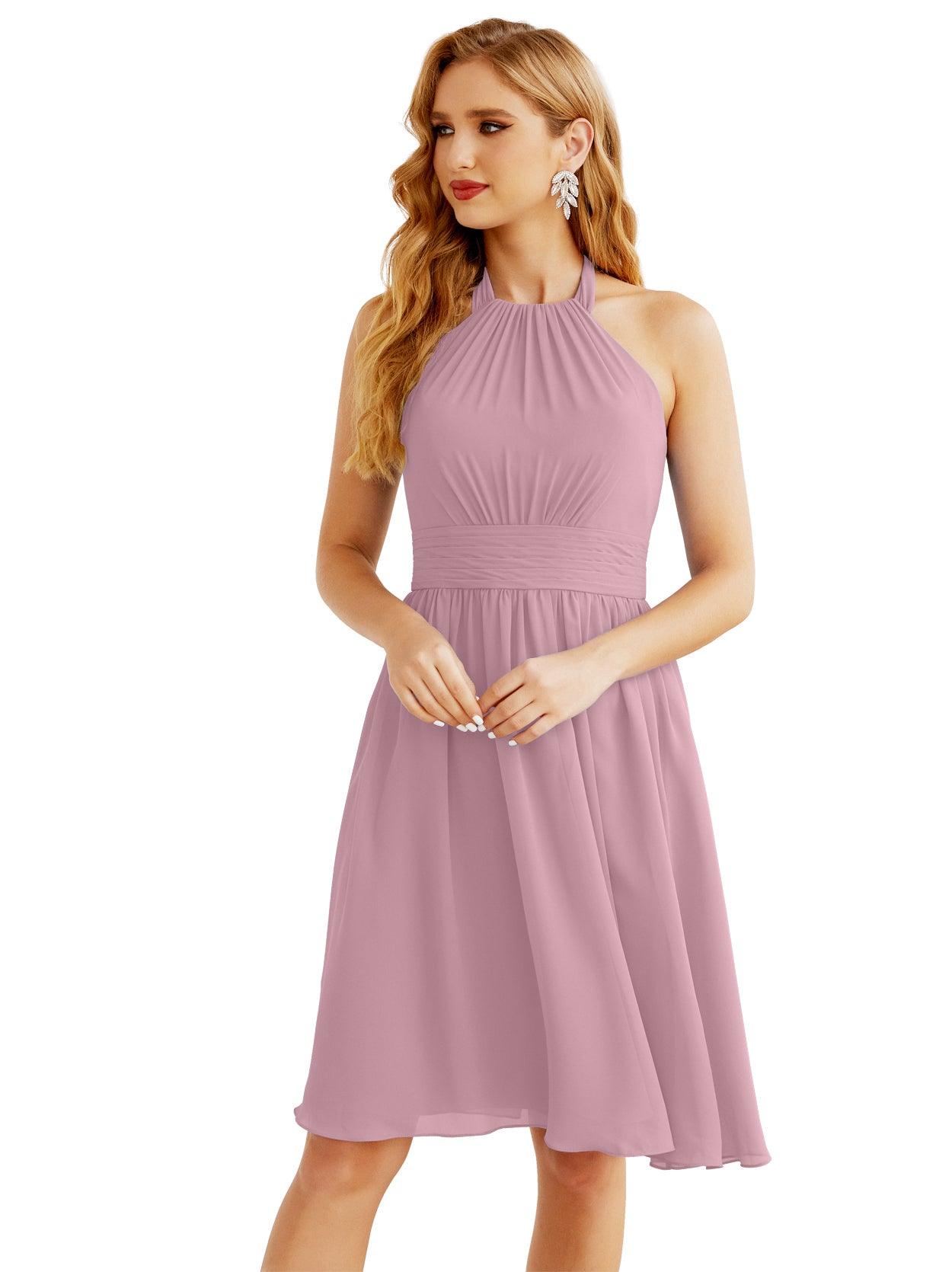 Baoleely - Vestido de dama de honor de gasa con cuello halter, corto, sin mangas, formal, para fiesta, espalda descubierta, 28023 