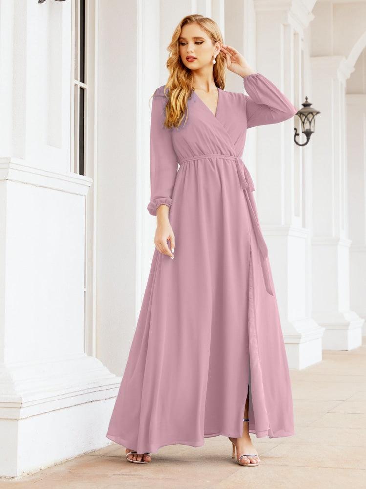 Vestido de dama de honor de gasa para mujer Sunderly, corte en A, manga larga, vestido de noche formal para invitada de boda SY28032 