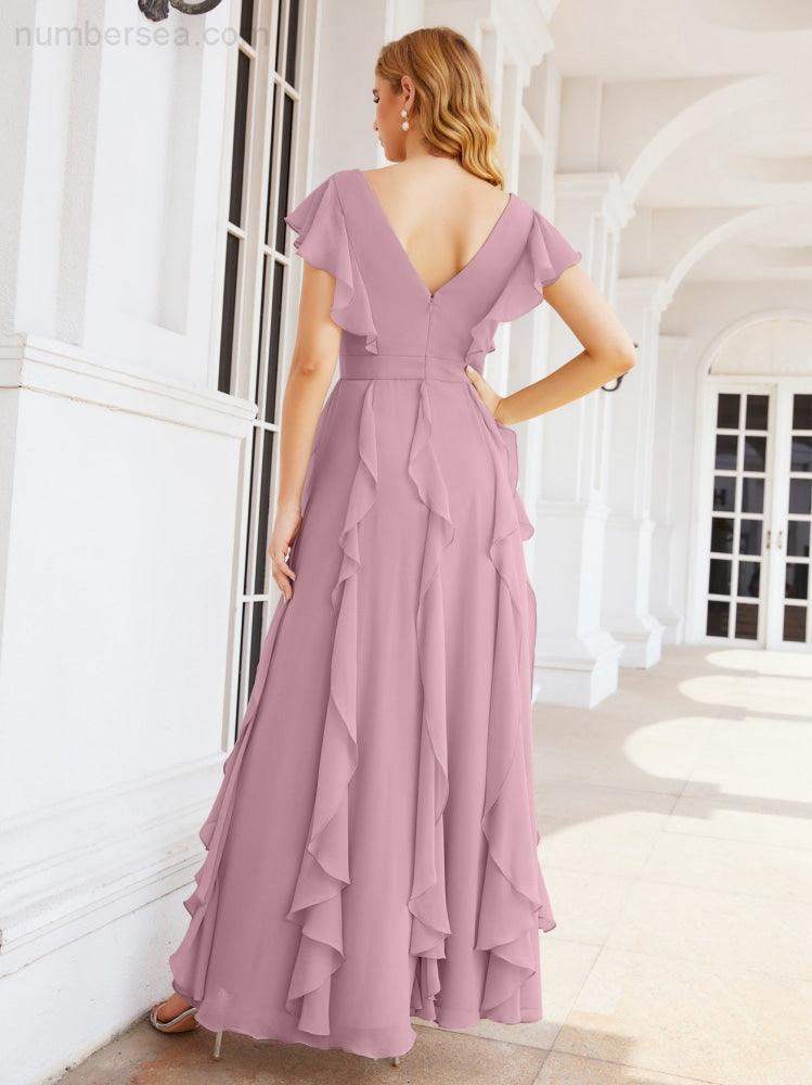 Ruffled Bridesmaid Dresses with Sleeves Long Formal Party Dress 28041