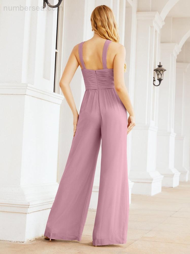 Baoleely Crisscross Neck Jumpsuit Formal Evening Dress Long Bridesmaid Dresses Bell-bottomed Pants 28033