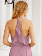 Baoleely Halter Chiffon Bridesmaid Dresses Wedding Appare Sleeveless Formal Prom Dress with Ruffled Back 28035