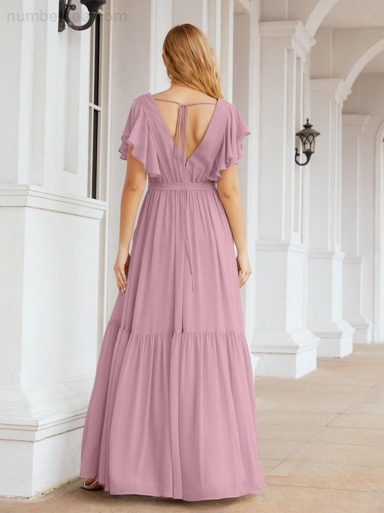 Baoleely Women's Open Back Formal Evening Party Prom Gowns V-Neck Long Chiffon Bridesmaid Dresses with Waist Belt 28038