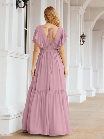 Vestido de fiesta formal de noche con espalda descubierta para mujer Baoleely, escote en V, largo, de gasa, con cinturón a la cintura 28038