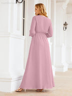 Vestido de dama de honor de gasa para mujer Sunderly, corte en A, manga larga, vestido de noche formal para invitada de boda SY28032 