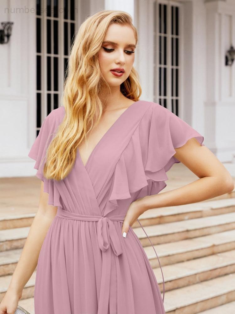 Baoleely Women's Open Back Formal Evening Party Prom Gowns V-Neck Long Chiffon Bridesmaid Dresses with Waist Belt 28038