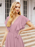 Baoleely Women's Open Back Formal Evening Party Prom Gowns V-Neck Long Chiffon Bridesmaid Dresses with Waist Belt 28038