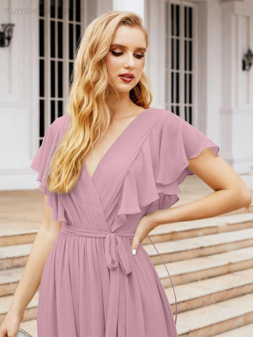 Vestido de fiesta formal de noche con espalda descubierta para mujer Baoleely, escote en V, largo, de gasa, con cinturón a la cintura 28038