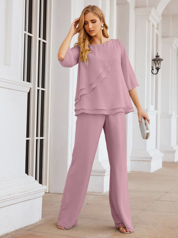 Elegante conjunto de pantalón y bata plateada de dos piezas para la madre de la novia, talla grande, con volantes, Sunderly Elegant SY28064