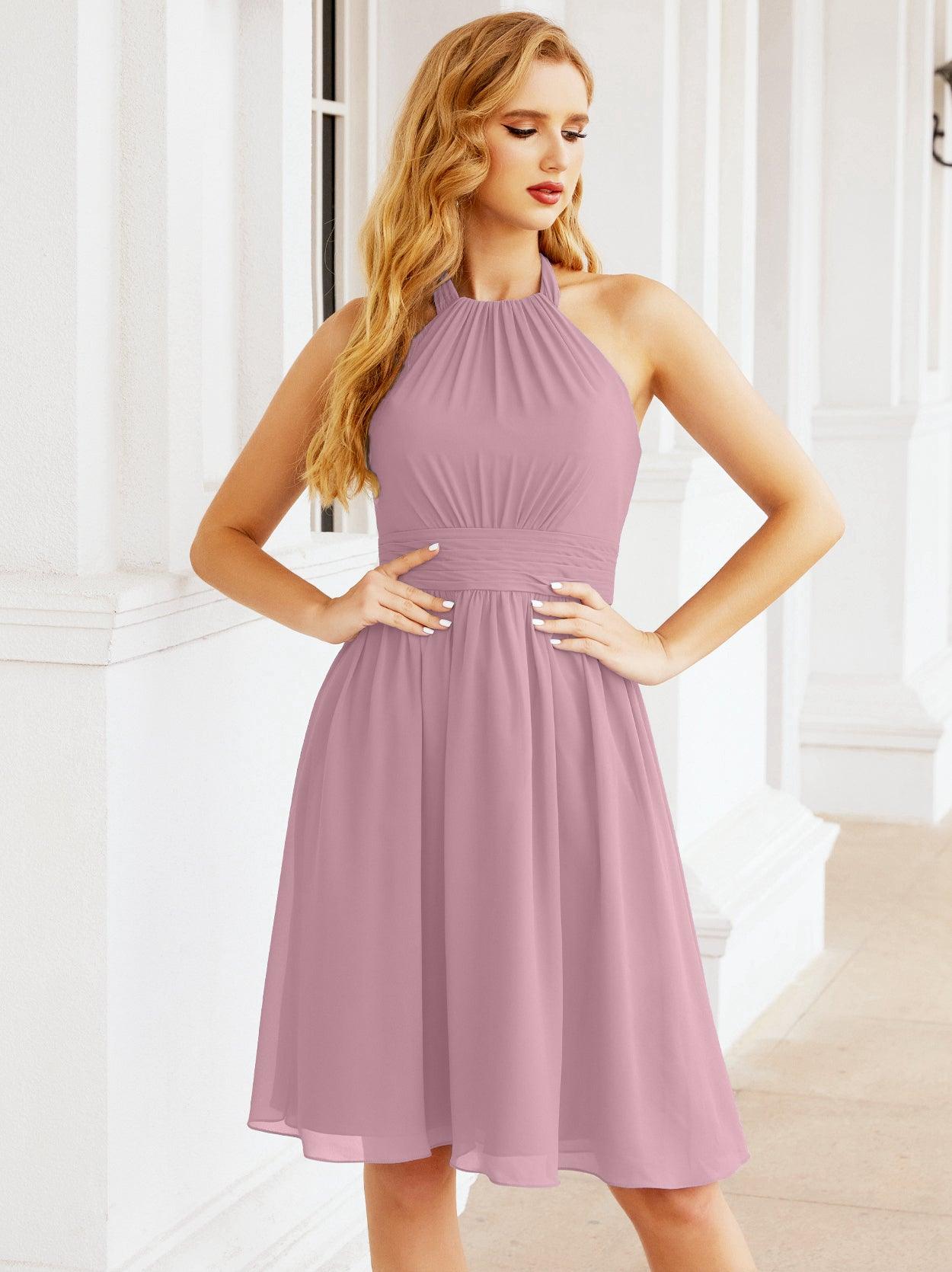 Baoleely - Vestido de dama de honor de gasa con cuello halter, corto, sin mangas, formal, para fiesta, espalda descubierta, 28023 