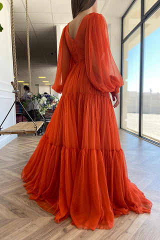 Chiffon Floor Length Prom Dress, Long Sleeve Evening Party Dress
