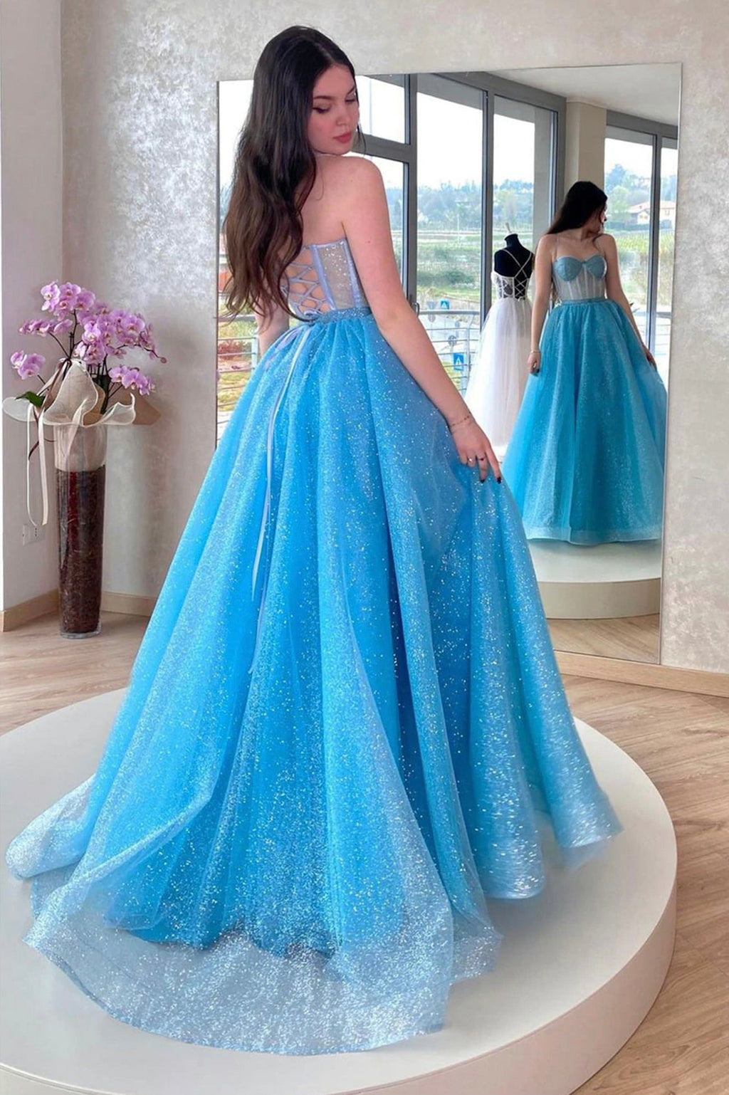Tulle Long A-Line Prom Dress, Blue Lace-Up Evening Dress with Corset