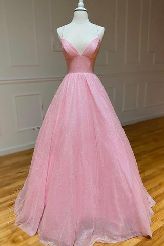 Tulle Long Backless Prom Dress A-Line V Neck Party Dress