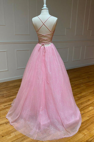 Tulle Long Backless Prom Dress A-Line V Neck Party Dress
