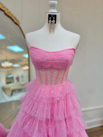 Robe de bal bustier trapèze en tulle pailleté à volants