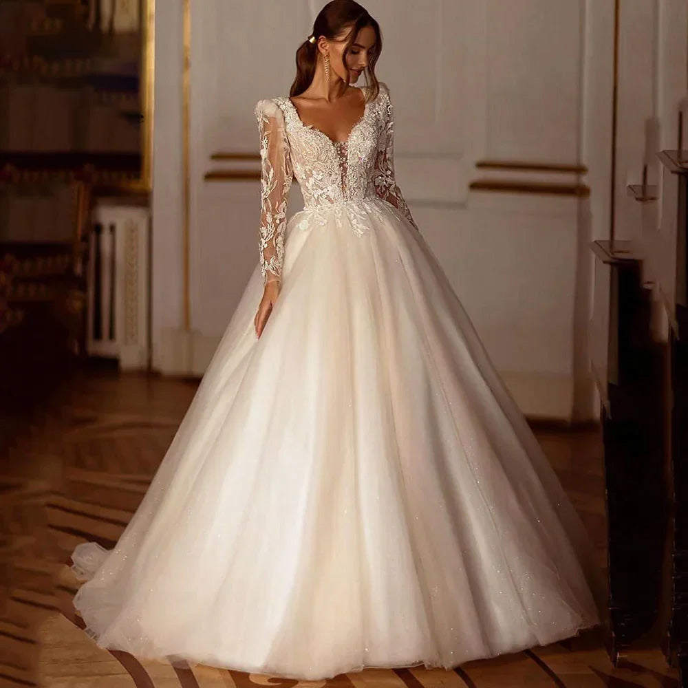 Glitter Champagne Wedding Dresses Long Sleeve Appliques Lace Modern Bridal Dress Tulle Bride Gown vestidos de novia