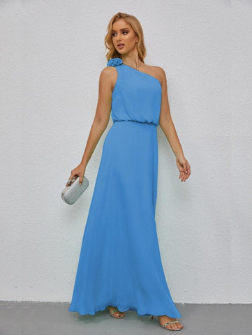 Vestido de dama de honor largo, sin mangas, con volantes y un hombro, corte A, vestido de noche formal con abertura lateral 28080 