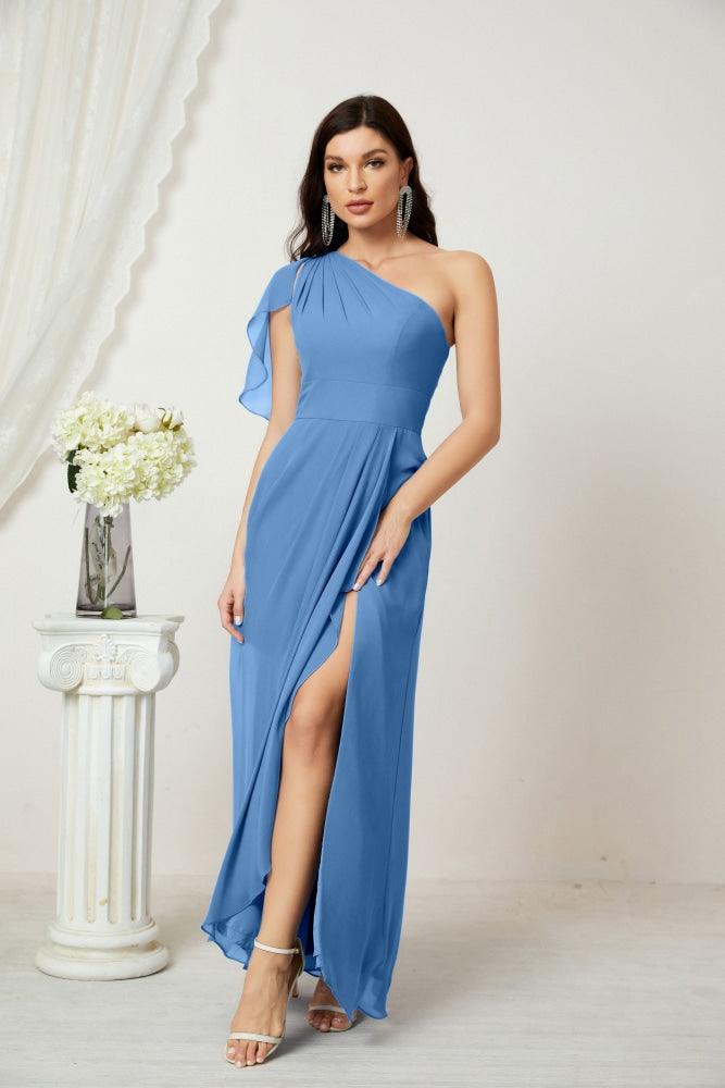 Baoleely  Chiffon Ruffled One Shoulder Long Bridesmaid Dresses A-line Formal Evening Gown Side Split 2809