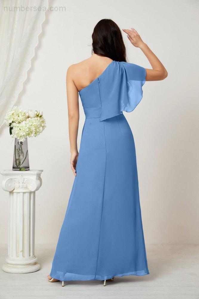 Baoleely  Chiffon Ruffled One Shoulder Long Bridesmaid Dresses A-line Formal Evening Gown Side Split 2809