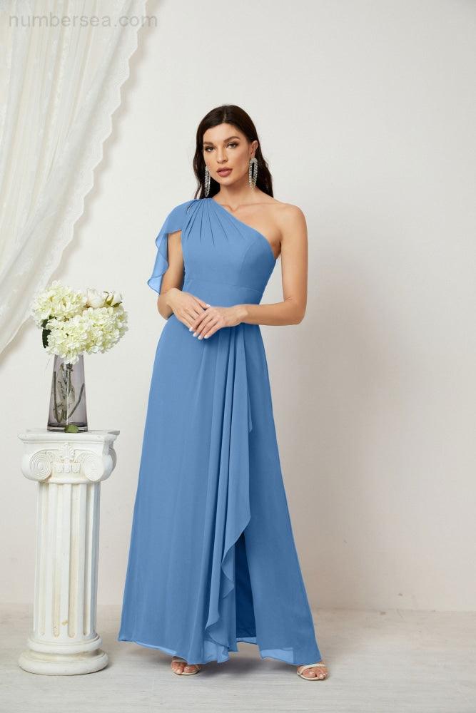 Baoleely  Chiffon Ruffled One Shoulder Long Bridesmaid Dresses A-line Formal Evening Gown Side Split 2809