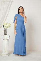 Baoleely  Chiffon Ruffled One Shoulder Long Bridesmaid Dresses A-line Formal Evening Gown Side Split 2809