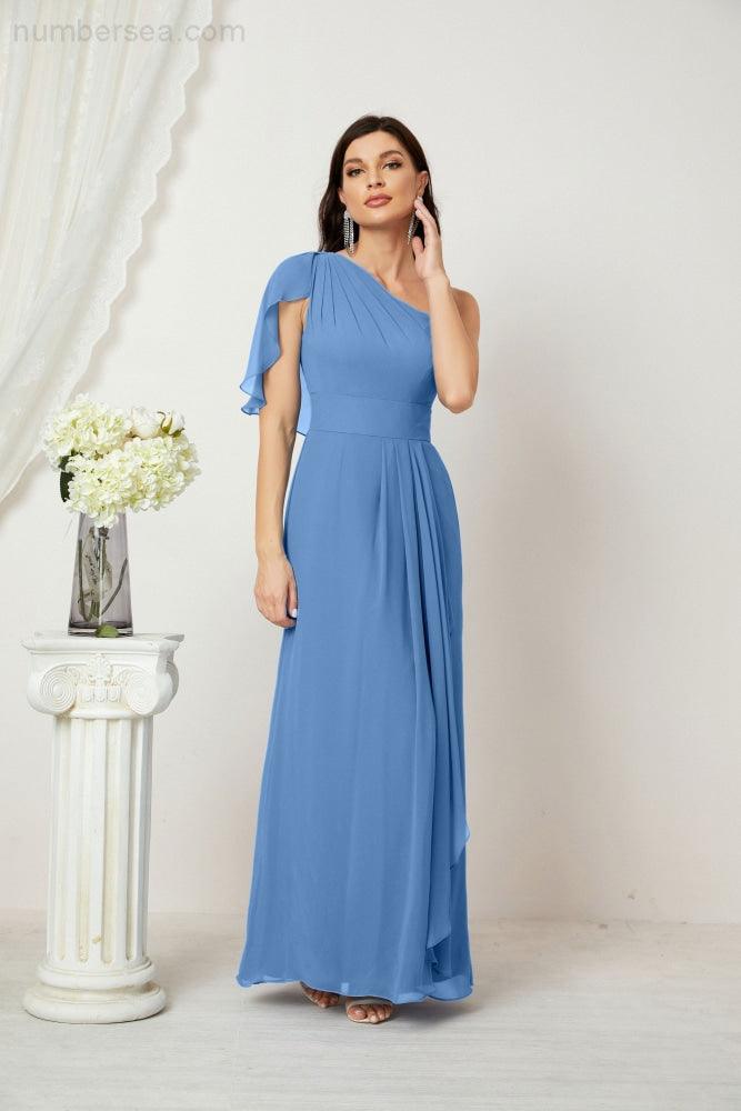 Baoleely  Chiffon Ruffled One Shoulder Long Bridesmaid Dresses A-line Formal Evening Gown Side Split 2809