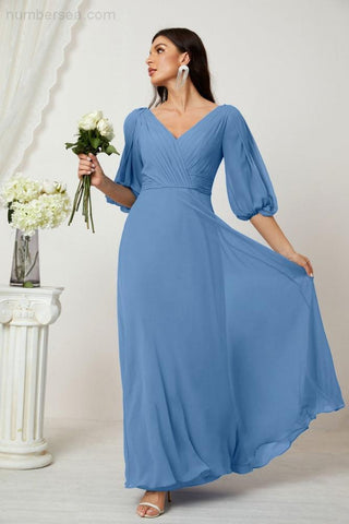 Baoleely  Formal Prom Gown Women V-Neck Chiffon Bridesmaid Dresses Long Bishop Sleeve Party Dress 2807