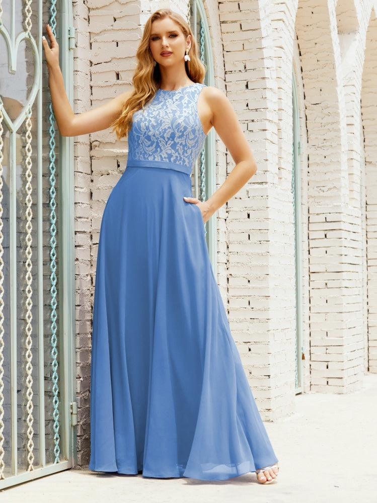 Vestido de dama de honor de encaje, largo hasta el suelo, con bolsillos, 28017 