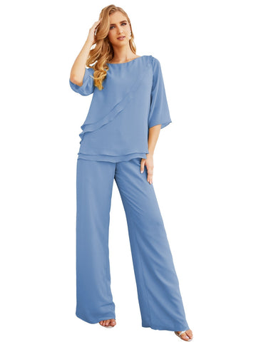 Elegante conjunto de pantalón y bata plateada de dos piezas para la madre de la novia, talla grande, con volantes, Sunderly Elegant SY28064