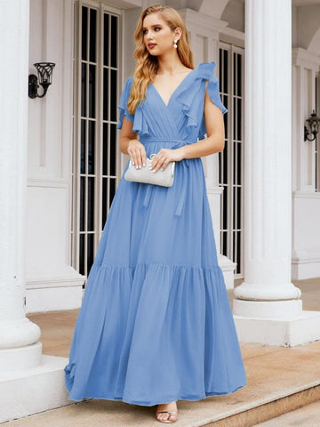 Vestido de fiesta formal de noche con espalda descubierta para mujer Baoleely, escote en V, largo, de gasa, con cinturón a la cintura 28038