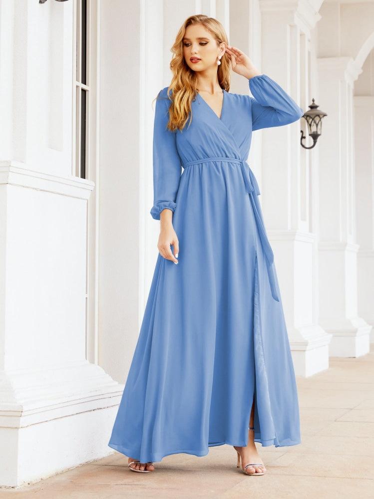 Vestido de dama de honor de gasa para mujer Sunderly, corte en A, manga larga, vestido de noche formal para invitada de boda SY28032 