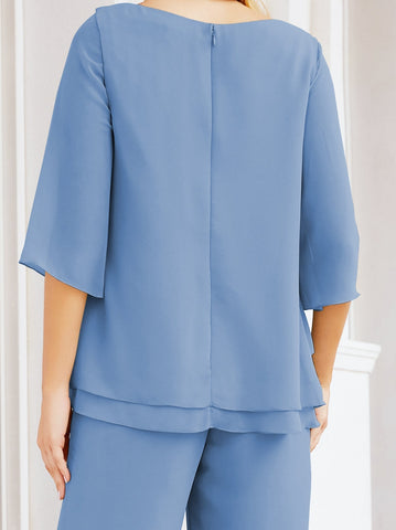 Elegante conjunto de pantalón y bata plateada de dos piezas para la madre de la novia, talla grande, con volantes, Sunderly Elegant SY28064