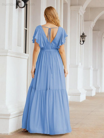 Vestido de fiesta formal de noche con espalda descubierta para mujer Baoleely, escote en V, largo, de gasa, con cinturón a la cintura 28038