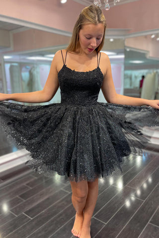 Glitter Spaghetti Straps A-Line Tulle Homecoming Dress with Appliques