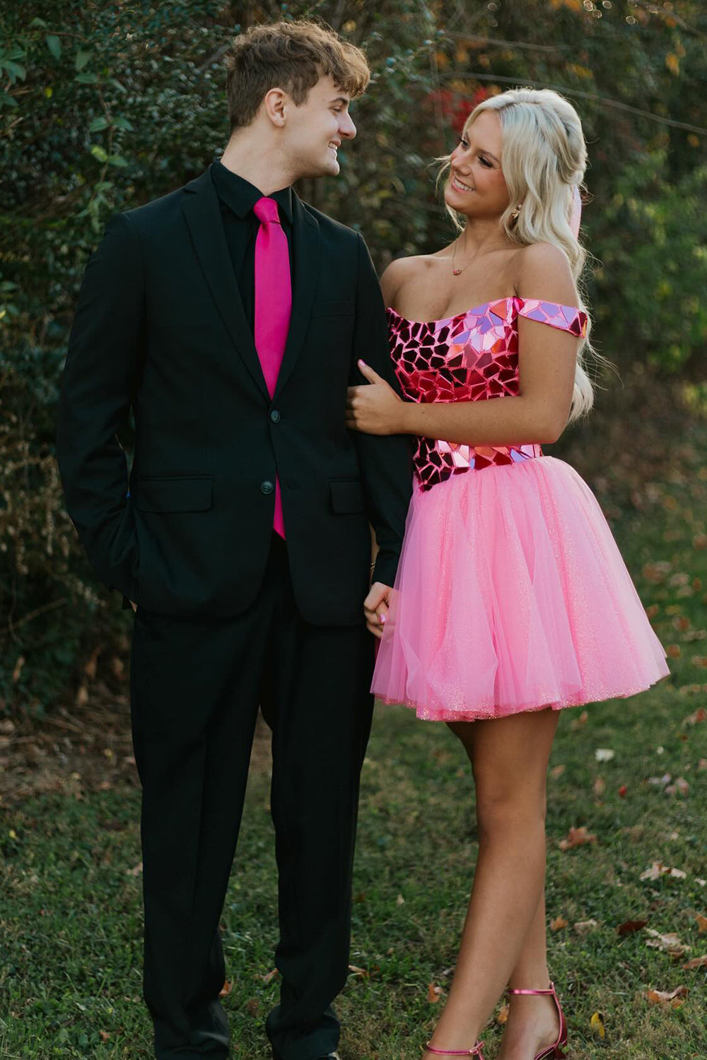 Glitter Off the Shoulder A-Line Tulle Short Homecoming Dress