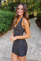 Glitter Black Halter Neck Bodycon Homecoming Dress with Beading
