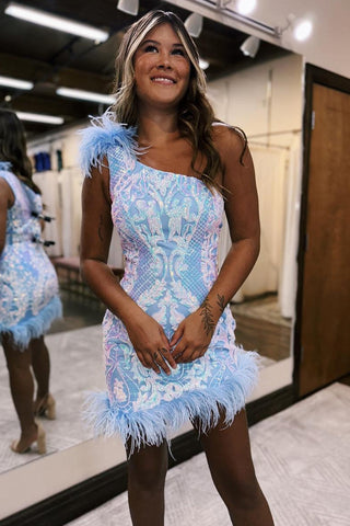 Sparkly Hot Pink One Shoulder Bodycon Homecoming Dress with Feather