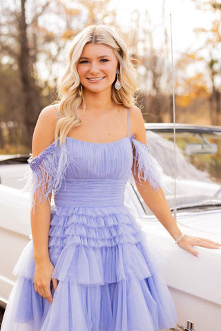 Cold Shoulder A-Line Tulle Tiered Short Homecoming Dress with Feather