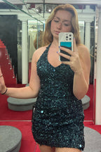 Vestido ajustado de lentejuelas con tirantes finos verde brillante para baile de bienvenida