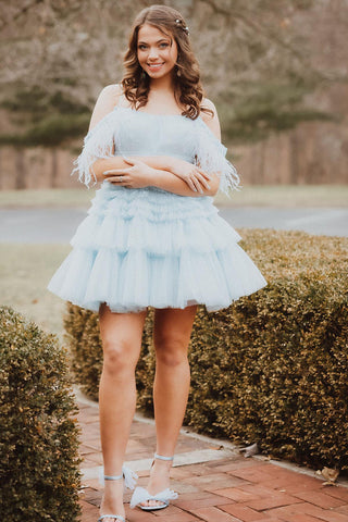 Cold Shoulder A-Line Tulle Tiered Short Homecoming Dress with Feather