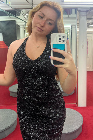 Robe moulante à sequins et fines bretelles spaghetti vert pailleté pour le bal de promo