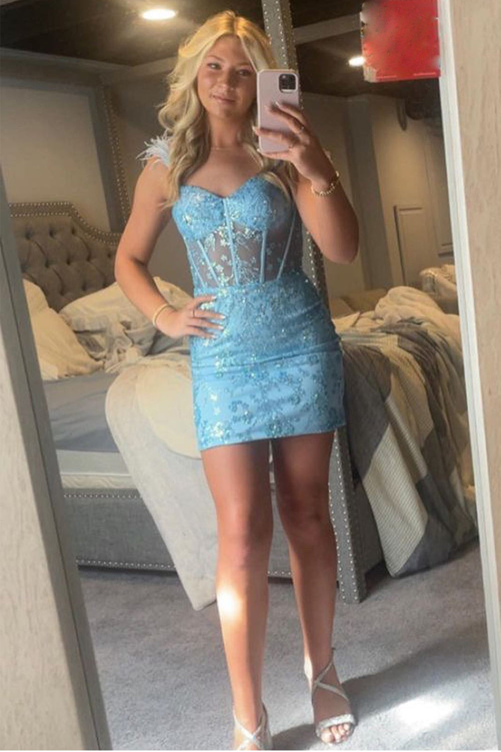 Spaghetti Straps Sequins Bodycon Corset Short Homecoming Dress with Feather
