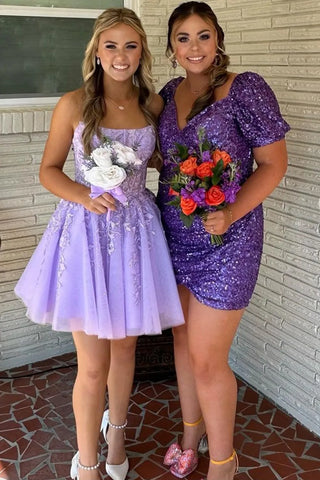 Robe de bal courte violette sans bretelles, coupe trapèze, corset en tulle avec appliques