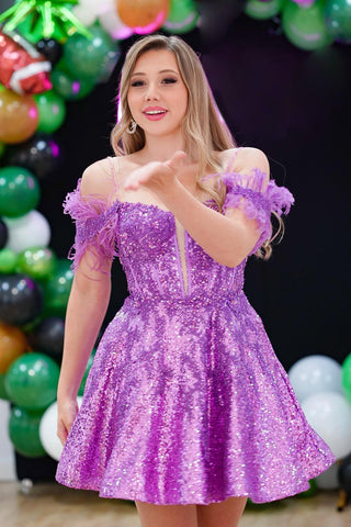 Off the Shoulder Sequins A-Line Corset Homecoming Dress with Feather
