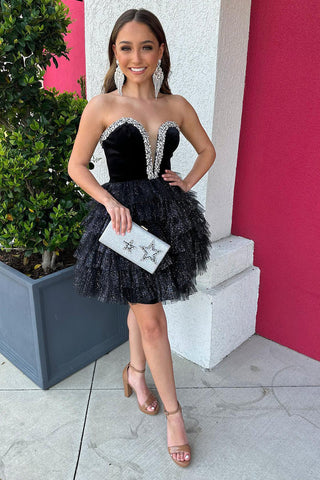 Vestido de fiesta de bienvenida sin tirantes, de tul, corte en A, con volantes y pedrería