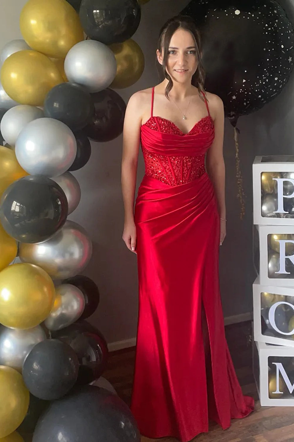 Sparkly Khaki Spaghetti Straps Sequins Mermaid Satin Long Corset Prom Dress with Slit
