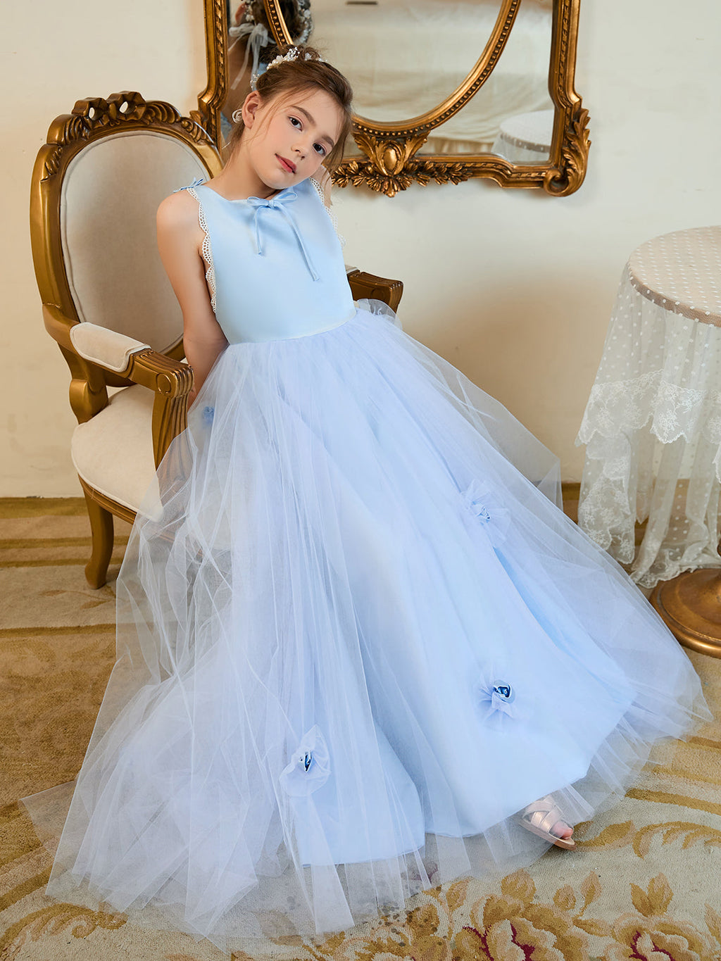 Vestido de niña de las flores azul con cola de tul estilo princesa/baila de baile 