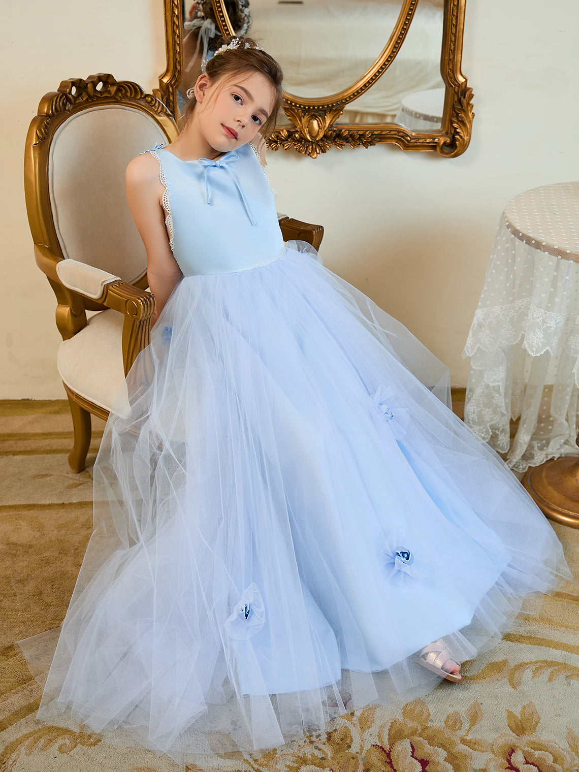 Vestido de niña de las flores azul con cola de tul estilo princesa/baila de baile 