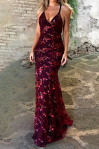Celebrities Elegant Solid Sequins Frenulum V Neck Evening Dress Dresses(4 Colors)