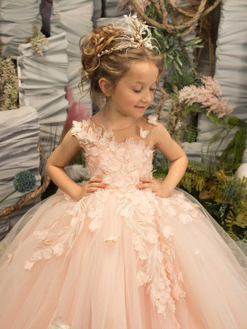 Precioso vestido de niña de las flores de corte princesa sin mangas con apliques