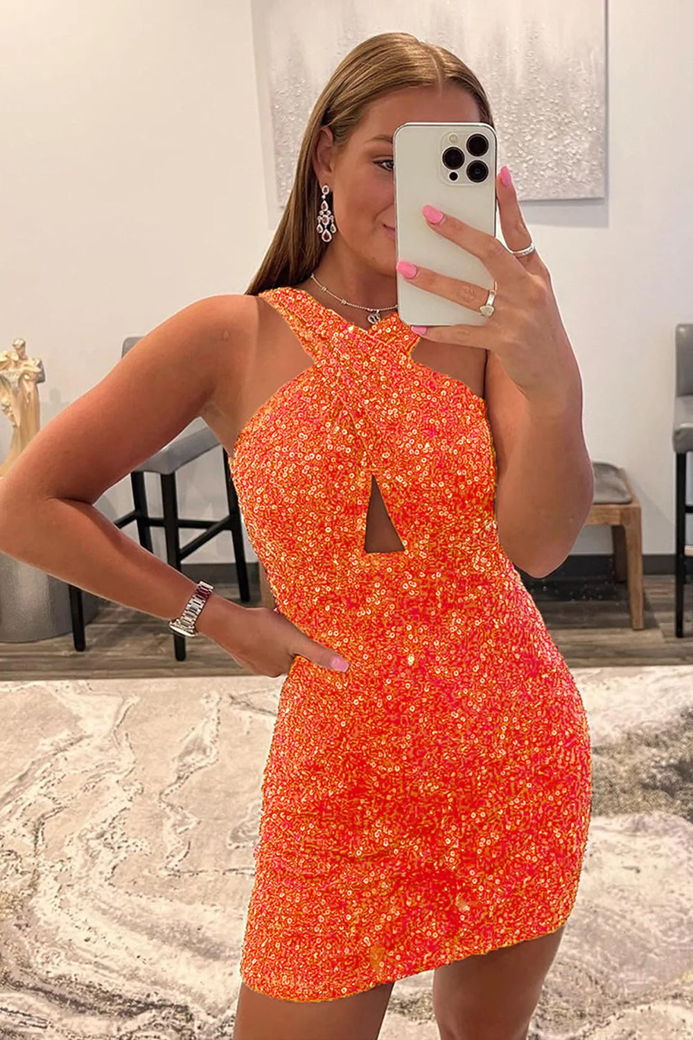 Sheath Halter Red Sequins Homecoming Dress with Backless